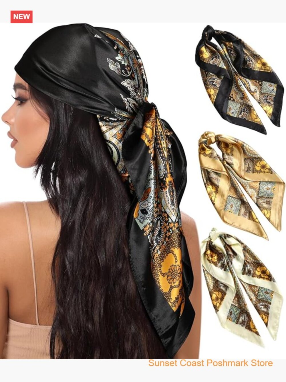 35" Large Square Satin Head Scarf 3Pcs Bandana Hair Scarf for Women Silk Feel